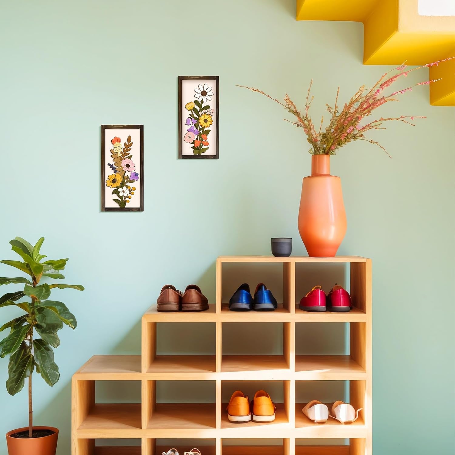 3D Floral Wall Art, 2 Set Rustic Wood Boho Flower with Vase Framed Wall Decor for Bathroom Living Room Bedroom Office Housewarming Gift, Ready to Hang Plaque Sculptures (White-A, 6L" X 12W", Framed)