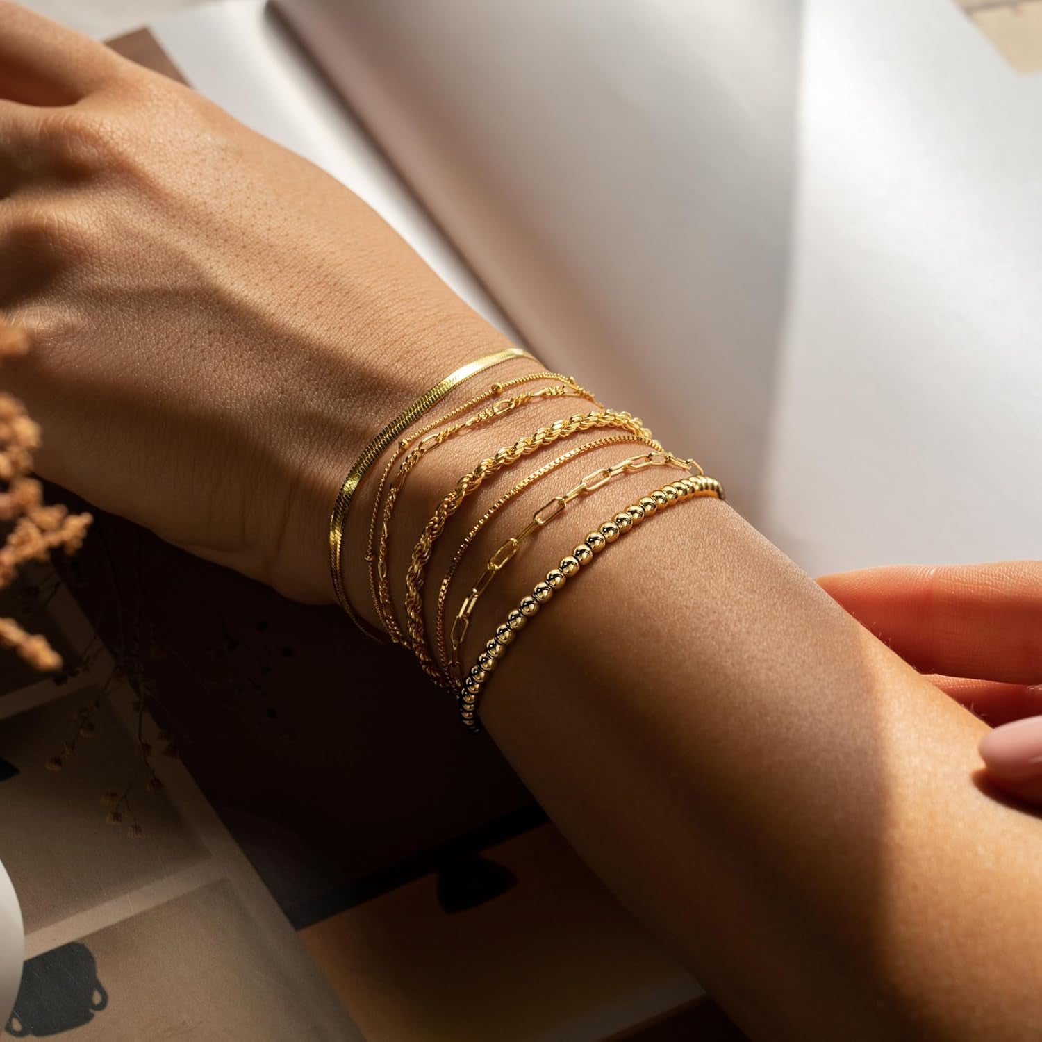 Gold Bracelets for Women - 14K Real Gold Plated Beaded Bracelets Set Rope Paperclip Chain Stackable Bracelet Non Tarnish, Friendship Birthday Jewelry Gifts for Women Teen