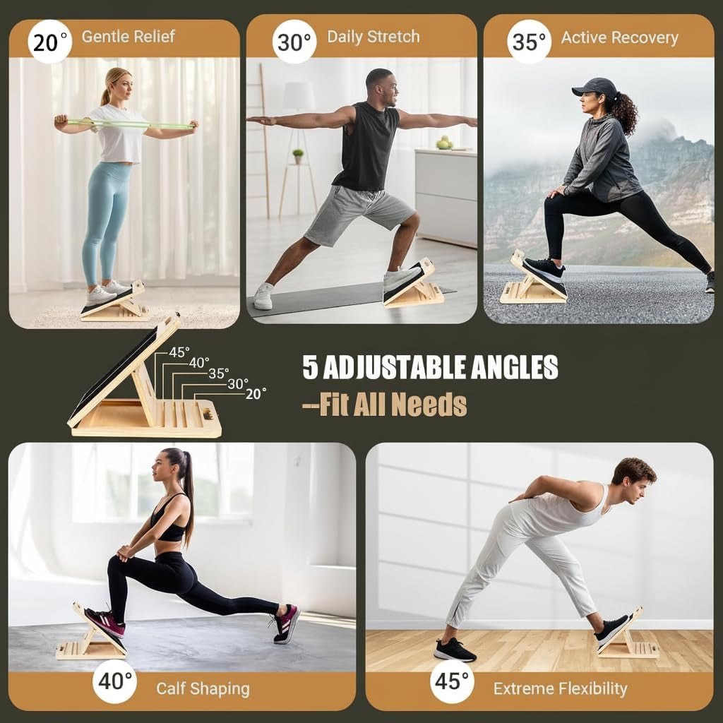 Adjustable 16.5"×12" Wooden Slant Board – 5-Angle Foldable Calf Stretcher & Squat Wedge for Home-Gym, Portable Incline Board, 350 Lb Rated