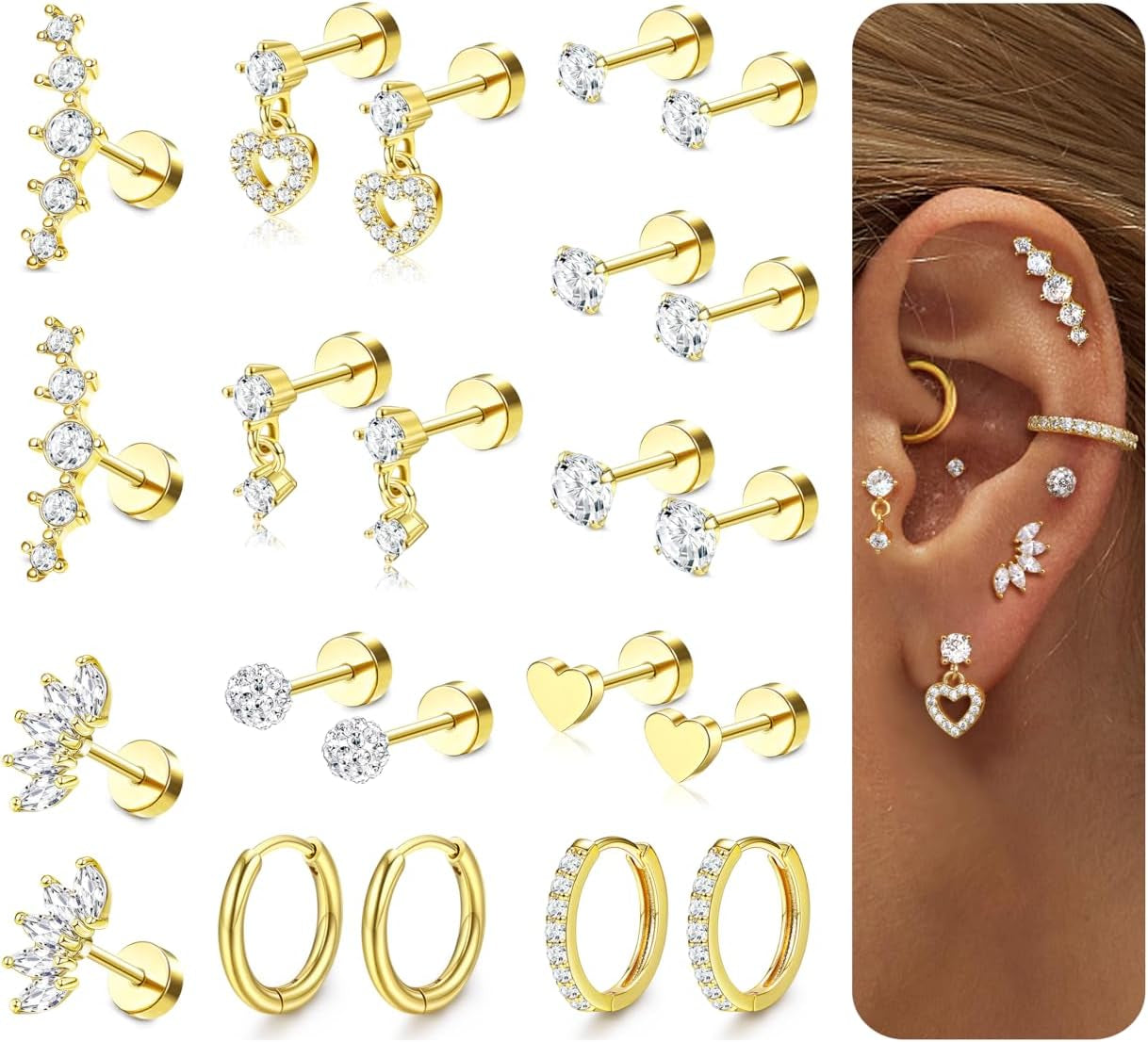 Hypoallergenic Flat Back Earrings for Women Cartilage Earrings Stacks-20G Surgical Stainless Steel Flatback Stud Hoop Earring Set Daith Conch Tragus Helix Piercing Jewelry