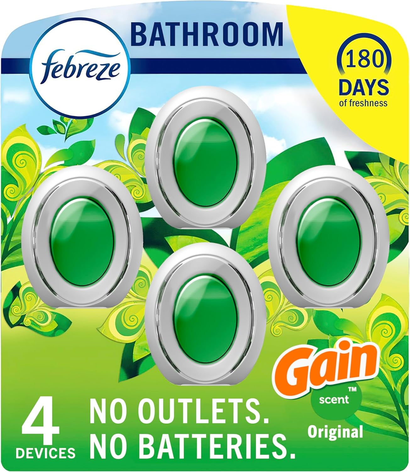 Bathroom Air Freshener, Odor-Fighting, Plug-In Alternative, Air Fresheners for Home, Bathroom and Kitchen, Closet, Pet & Litter Box Odor Fighter, Gain Original Scent, Multicolor, 4 Count