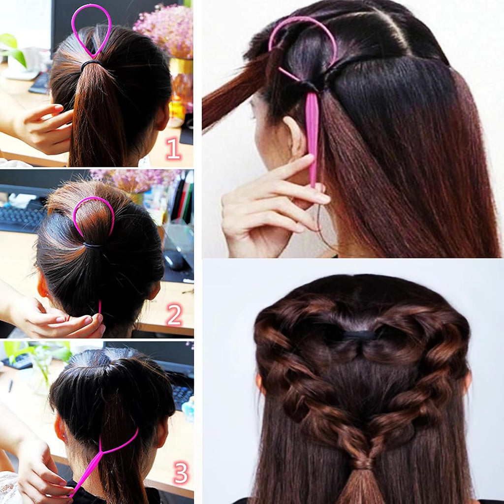 6Pcs Topsy Tail and Hair Loop Styling Tool Set - Ponytail Makers, French Braid Loops in Large and Small, Hair Pull through Tools (Pink, Blue, Purple) for Women and Girls