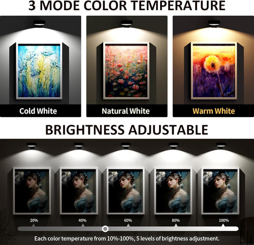 3-Pack Battery Picture Light with Remote & Timer - Magnetic, Dimmable Wireless Light for Paintings, Art Display, Portrait Frames, and Wall Decor (Black)