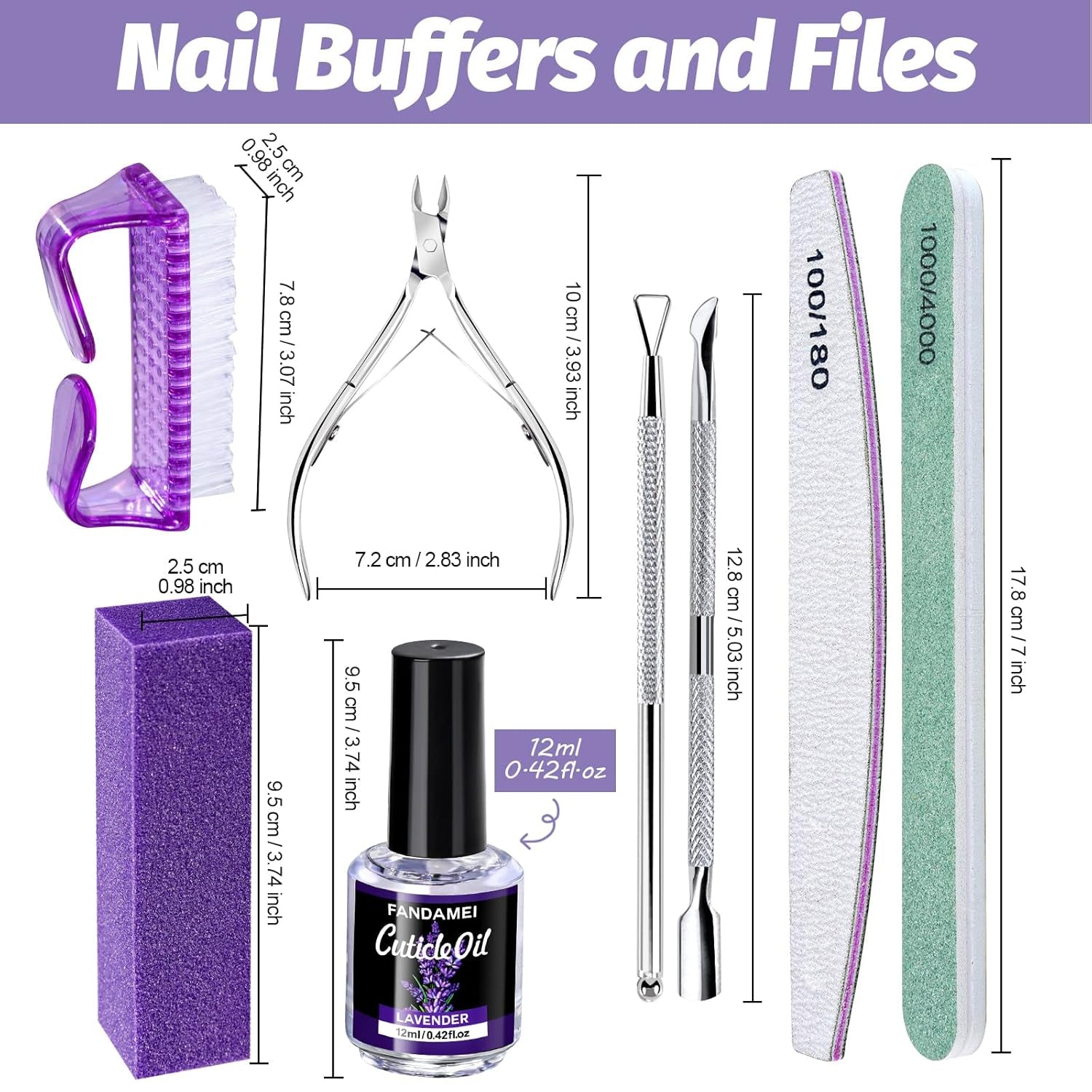 Nail Files and Buffers, Nail Cuticle Remover Kit with Nail File, Nail Buffer, Nail Buffer Block, Cuticle Nipper, Cuticle Pusher, Cuticle Peeler. Nail Cuticle Oil Lavender for Nail Care