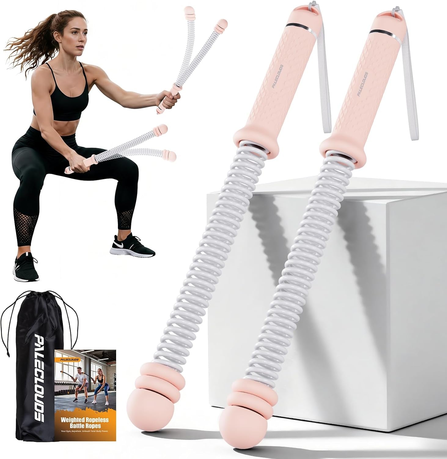 Portable Ropeless Battle Ropes, Adjustable Weights Cordless Battle Ropes for Home Gym with Storage Bag, Weighted Exercise Equipment for Low-Impact Workout, Strength & HIIT, for Men & Women (Black)