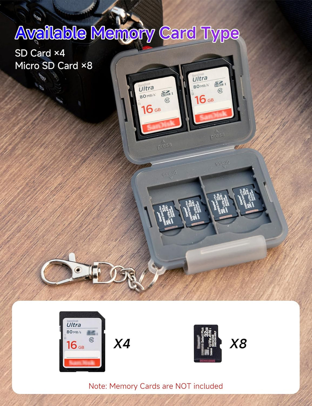 SD Card Holder Case Water-Resistant: Portable 12 Slots Memory Card Case for 8 Micro SD Card & 4 SD/SDXC/SDHC Card, Memory Card Hard Carrying Box Keeper Protector with Rubber Interior Grey