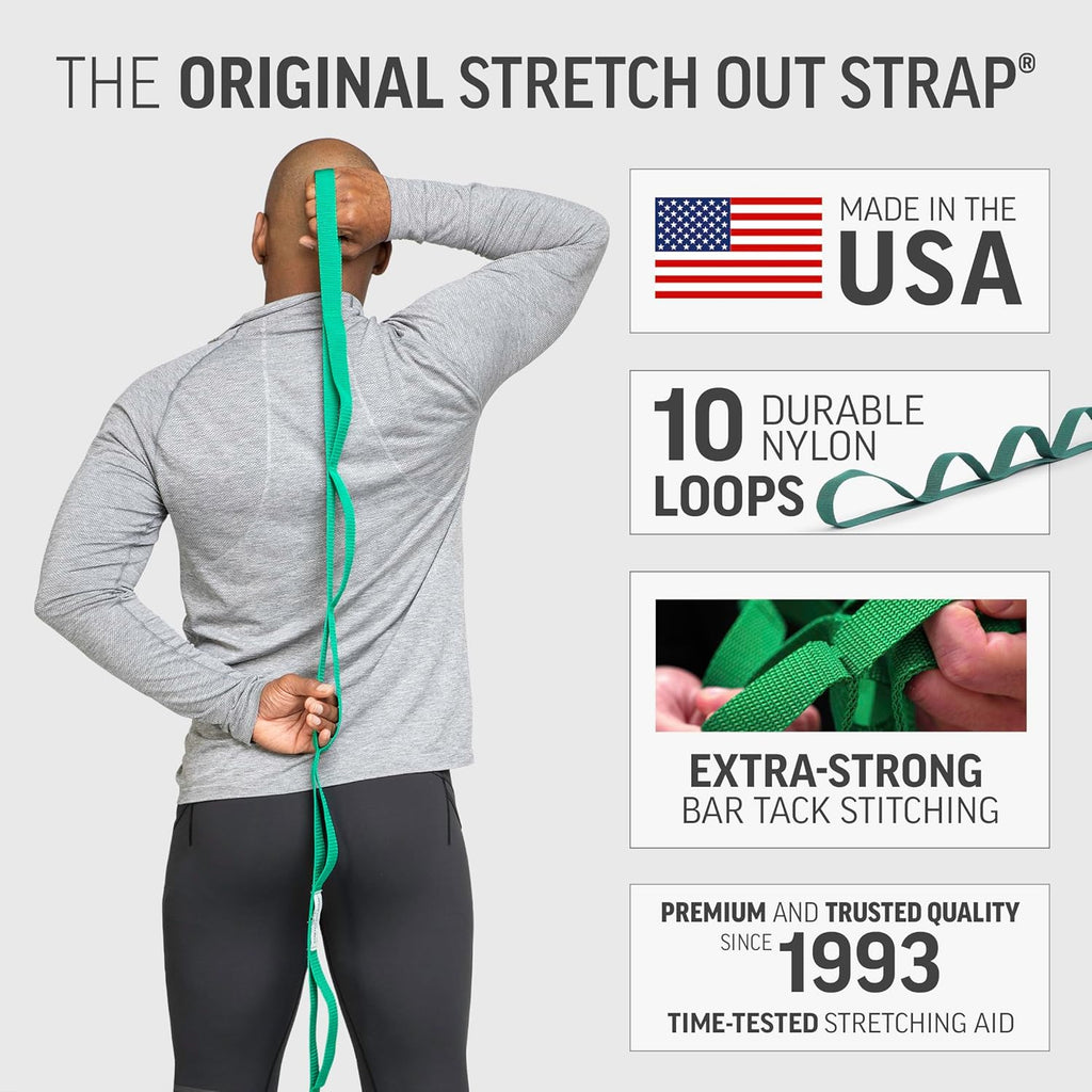 the Original Stretch Out Strap with Exercise Book, for Flexibility and Mobility Exercises. Stretch Out Straps for Physical Therapy, Yoga Stretching Strap and Knee Therapy Strap. Made in the USA