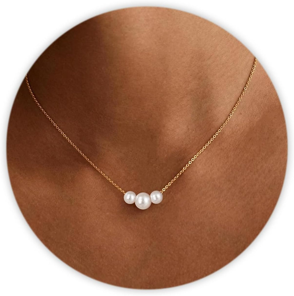 Pearl Necklaces, Daisy Pearls Choker for Women'S Pearl Strand Necklaces as Silver and Gold Choker for Teens, Silver Daisy Birthday Gifts 3 Pearls White Necklace as Prom Bridesmaid Gifts