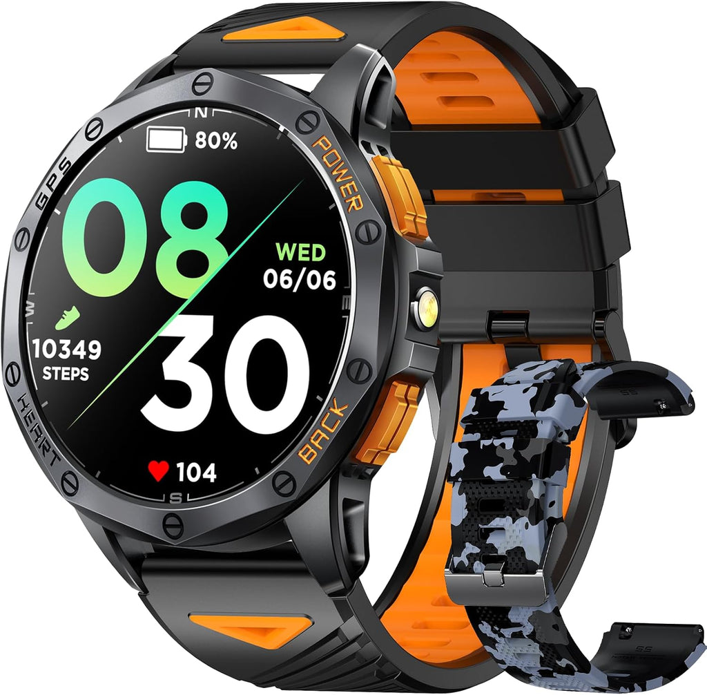 Military Smart Watches Built-In GPS, 170+ Sport Modes for Men with Flashlight, Smartwatch for Android Phones and Iphone, 1.43" AMOLED Screen Bluetooth Call Compass Altimeter (Black & Orange (2 Bands))