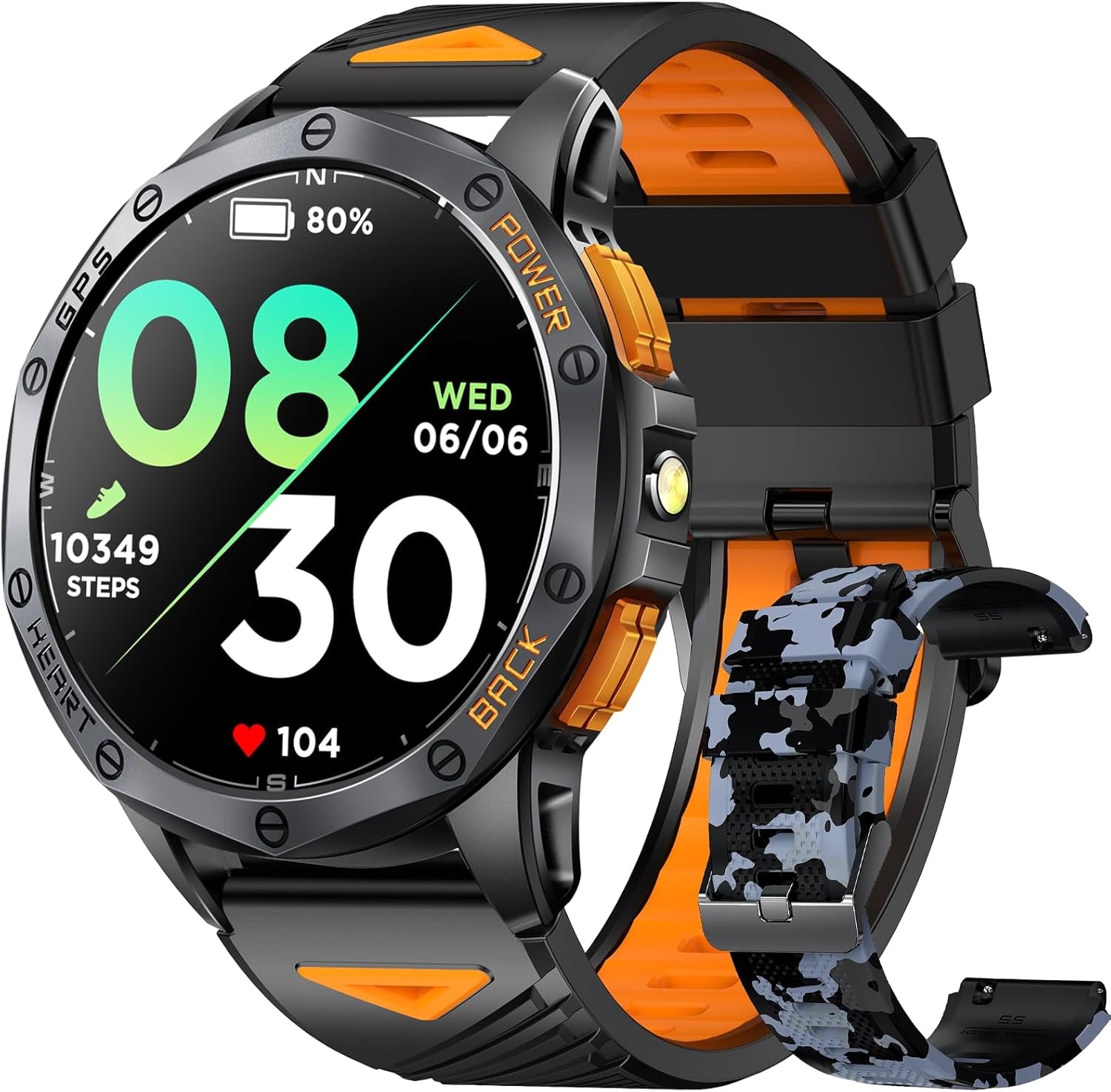 Military Smart Watches Built-In GPS, 170+ Sport Modes for Men with Flashlight, Smartwatch for Android Phones and Iphone, 1.43" AMOLED Screen Bluetooth Call Compass Altimeter (Black & Orange (2 Bands))