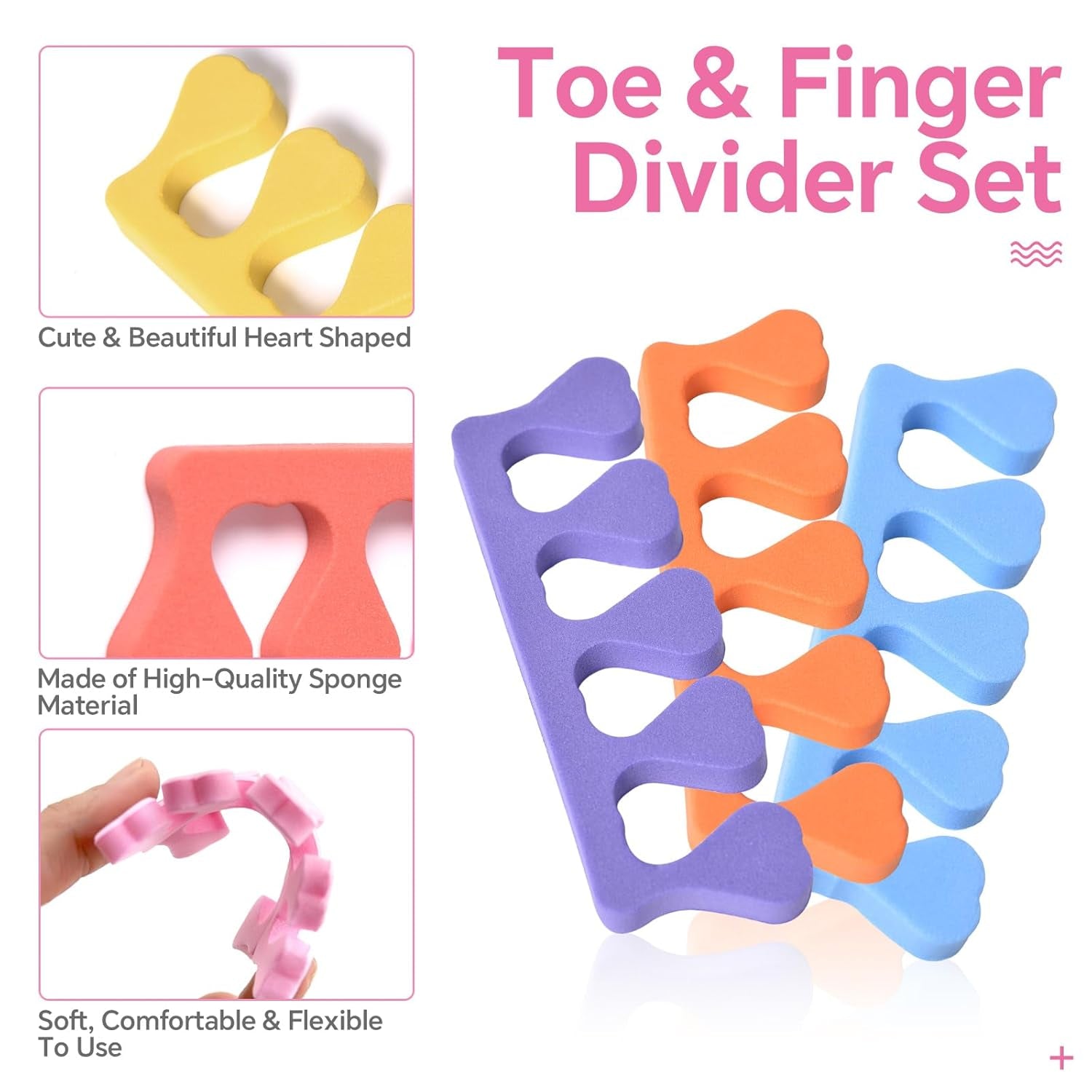 Toe Separators Set 24Pcs Colorful Heart Sponge Toe Spacers Soft Foam Toe Finger Dividers for Nail Art, Polishing Gel Painting Toe Separators for Men & Women Spa, Pedicure, Manicure Tool