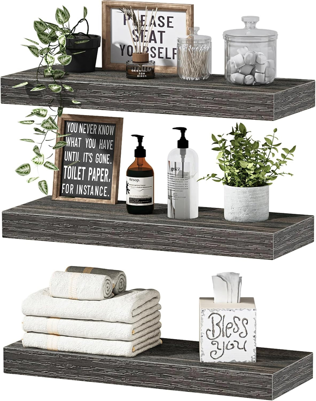 Floating Shelves for Wall Bathroom Shelf Bedroom Kitchen Living Room Hanging Book Shelves Small Farmhouse Decor 16 Inch Set of 3, Rustic Brown (015-BN3)