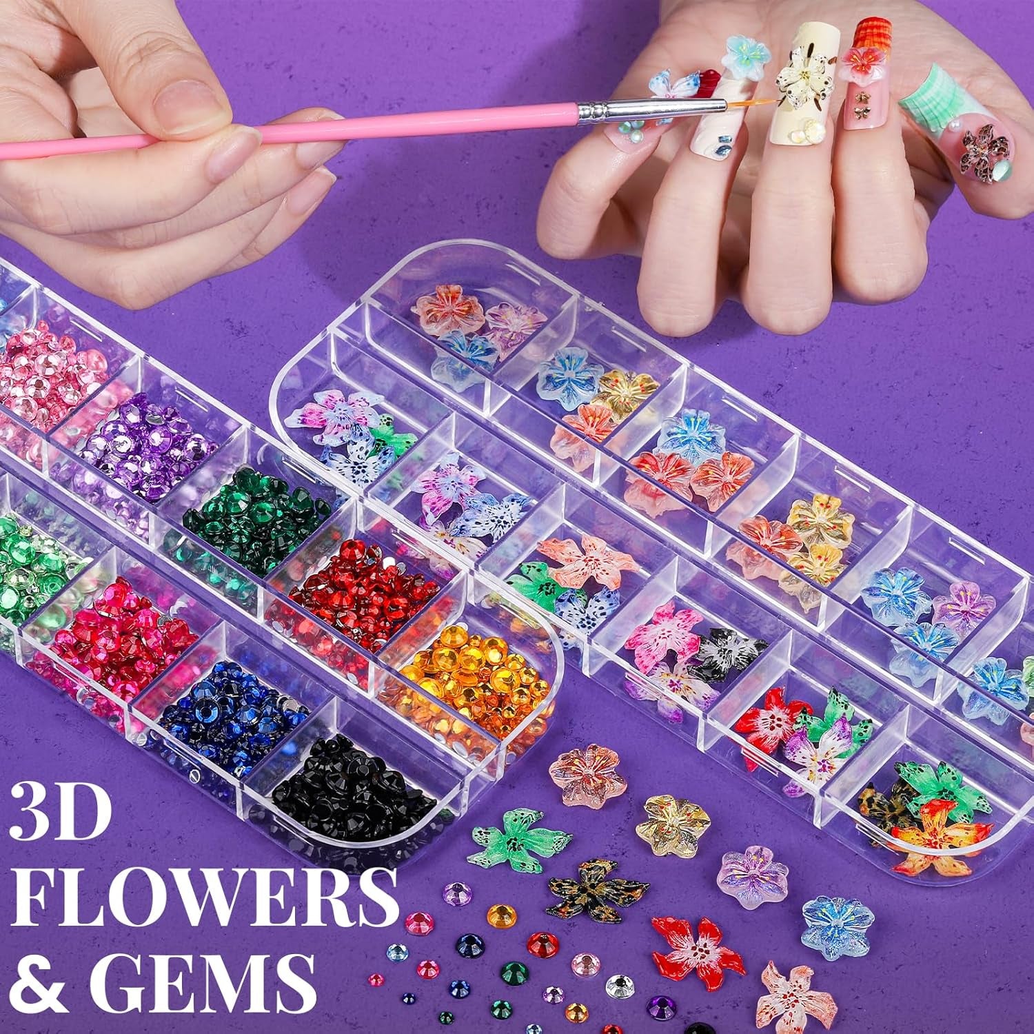 Nail Charms and Nail Brushes, Nail Accessories Kit with 15 Pcs Nail Art Brushes, 6 Box Nail Charms and Gems, 10 Pcs Flower Nail Stickers, 5 Pcs Dotting Tools, Nail Art Kit with Nail Brush