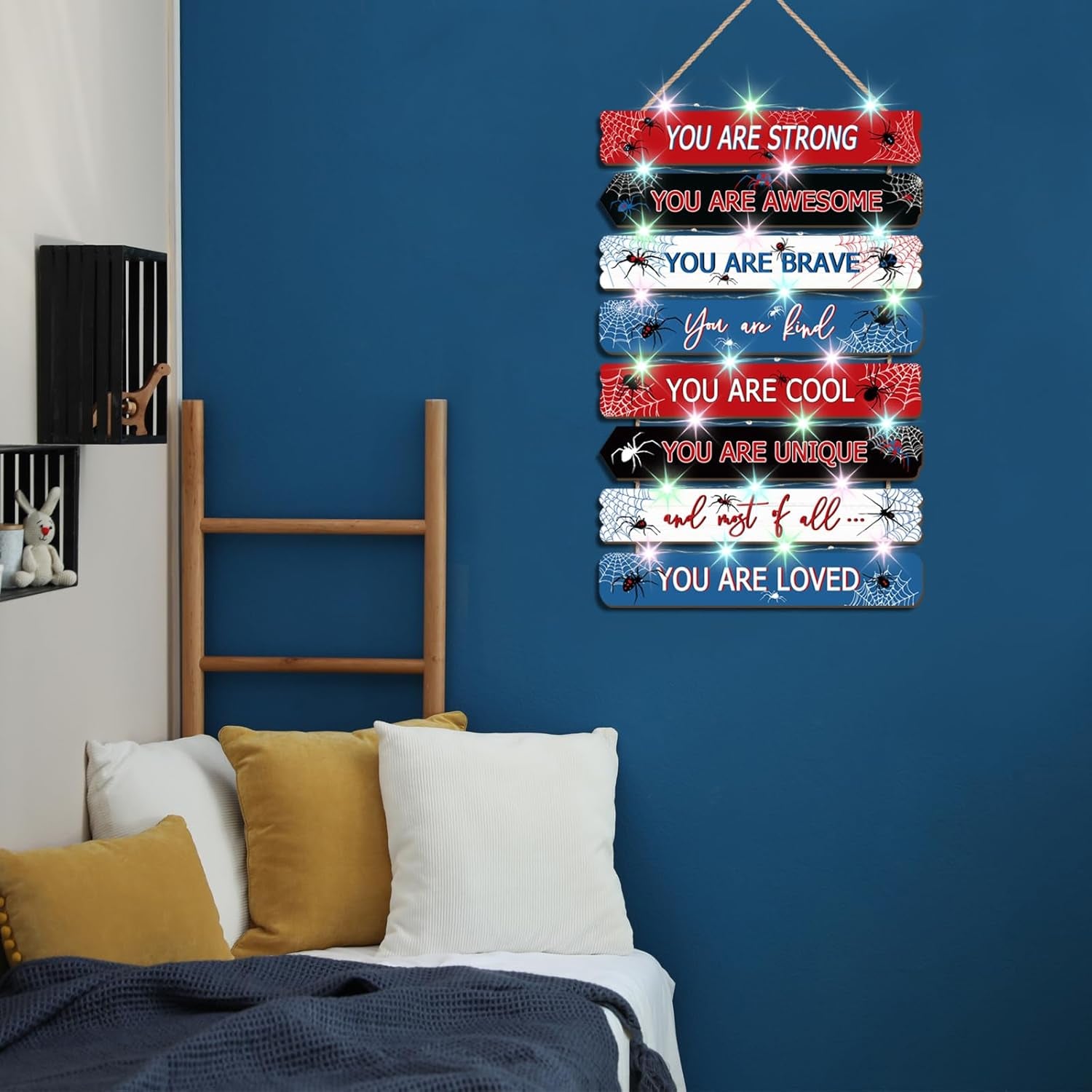 Spider Room Decor with LED Lights Bedroom Boys Room Wall Decor Children Inspirational Motivational Wall Art Wooden Wall Decor Little Boy Kids Room Interior Decor Toddler Room Sign