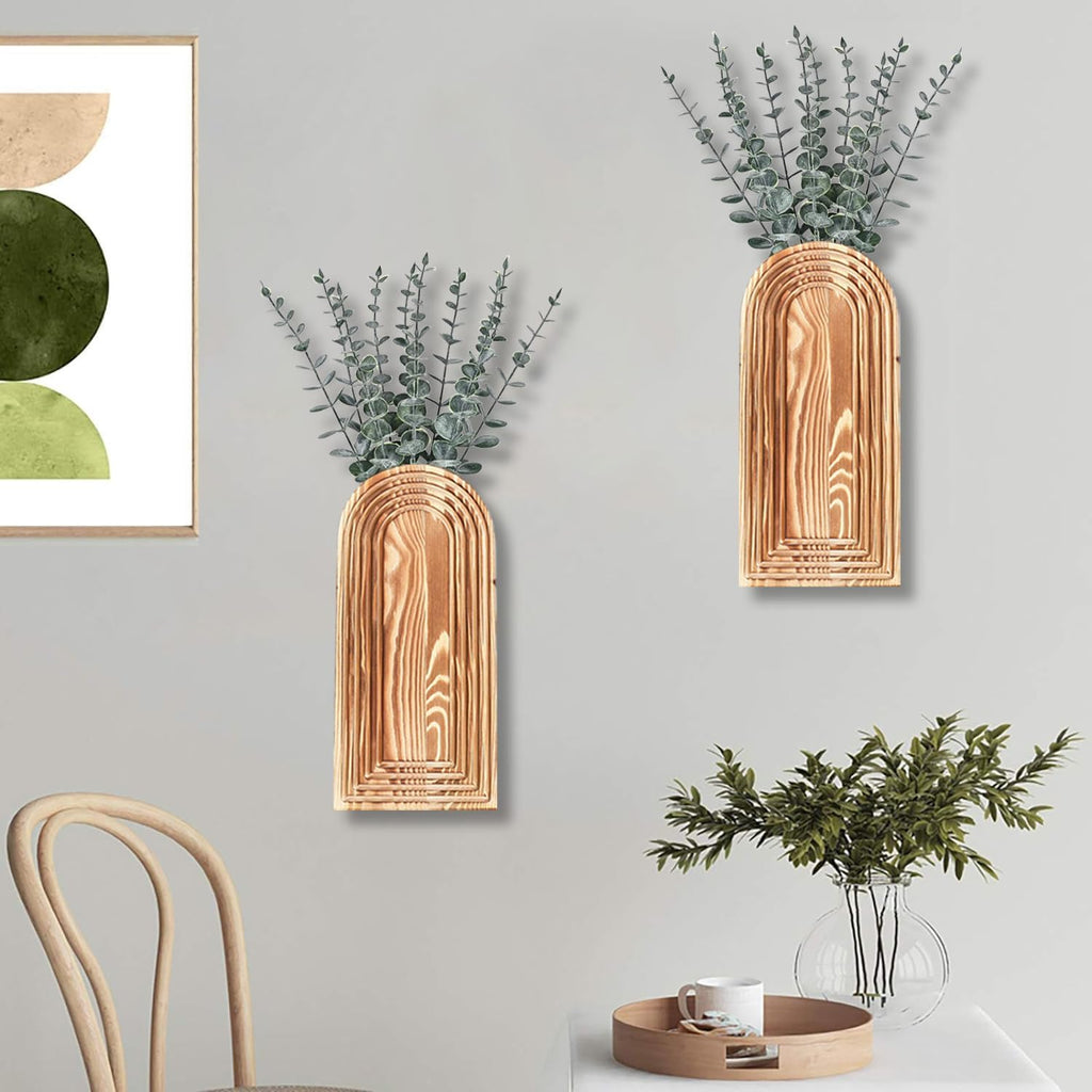 2 Pack Wooden Wall Vase Set - Brown Finish Modern Farmhouse & Boho Wall Decor for Entryway, Hallway, Bathroom, Living Room, Dining Room, Narrow Spaces