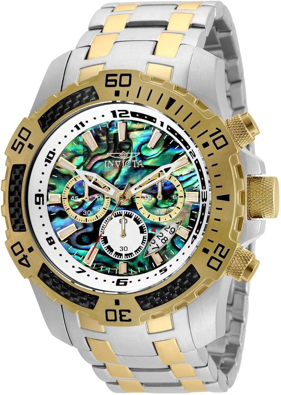 Men'S Pro Diver Scuba Quartz Chronograph Carbon Fiber Bezel Abalone Dial Bracelet Watch, 50Mm