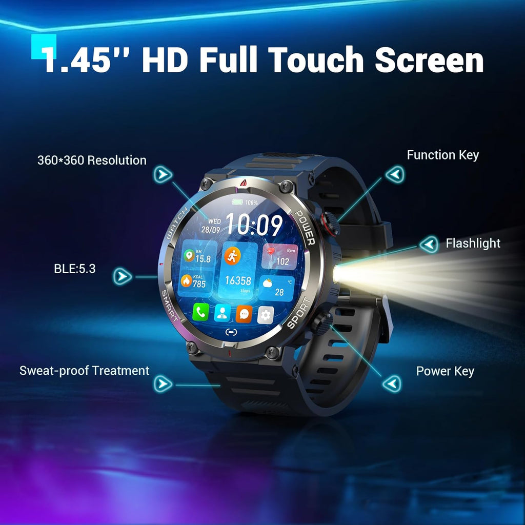 Military Smart Watch for Men(Answer/Make Calls),Outdoor Smartwatch with 100 Days Battery/Flashlight/Compass/Heart Rate/Spo2/Sleep Monitor/2 Straps, Rugged Fitness Watch for Iphone/Android Phones