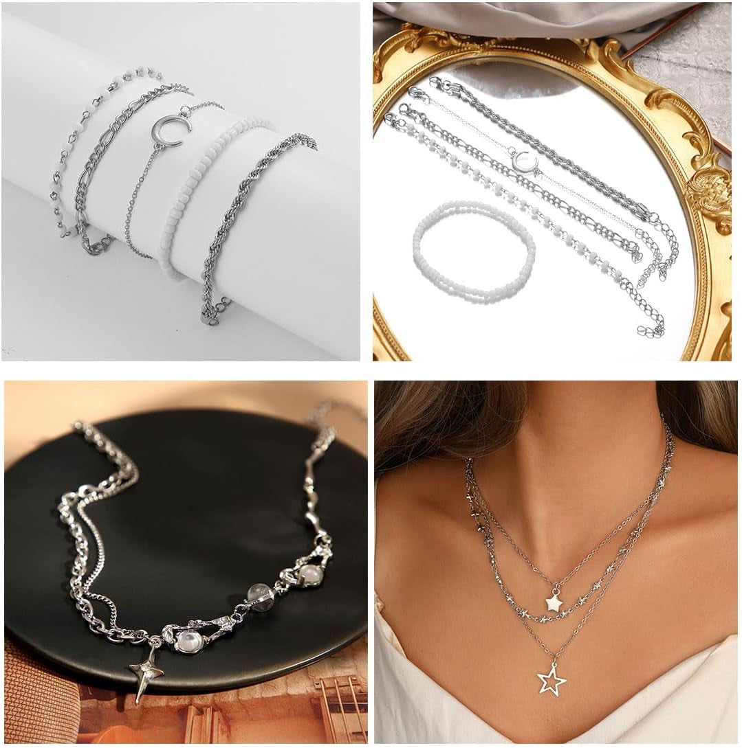 37Pcs Silver Jewelry Set with 3 PCS Necklace, 14 PCS Bracelet, 7 PCS Ear Cuffs Earring, 6Pcs Hoop Earrings,7Pcs Silver Rings Set for Women for Birthday Gifts