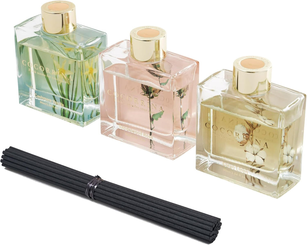 Reed Diffuser Set of 3-3 Pack/ 3.04 Fl.Oz Diffuser with 24 Sticks Cashmere Vanilla/Sandalwood Rose/Clean Linen Reed Diffuser for Home Bathroom Office Decor