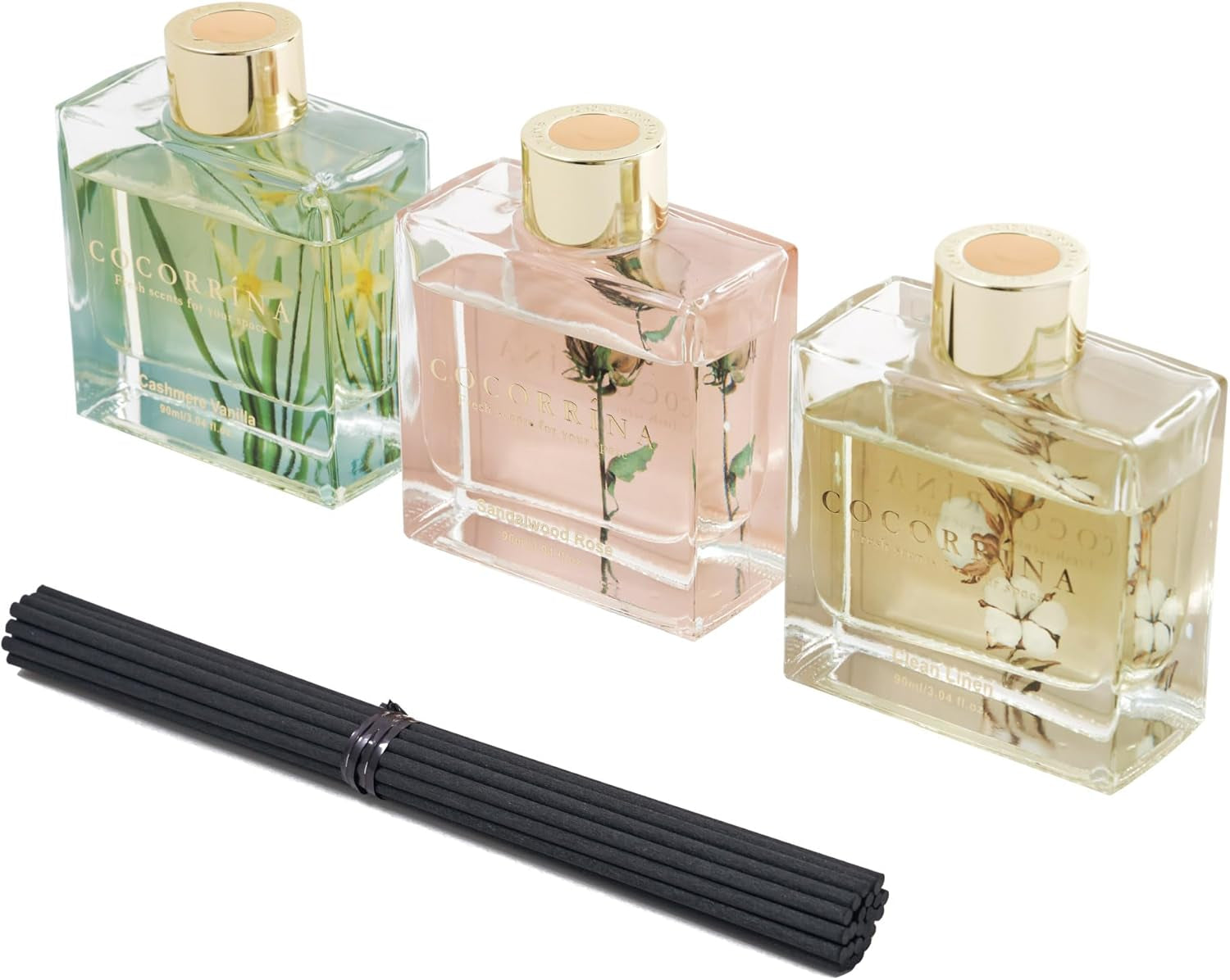 Reed Diffuser Set of 3-3 Pack/ 3.04 Fl.Oz Diffuser with 24 Sticks Cashmere Vanilla/Sandalwood Rose/Clean Linen Reed Diffuser for Home Bathroom Office Decor