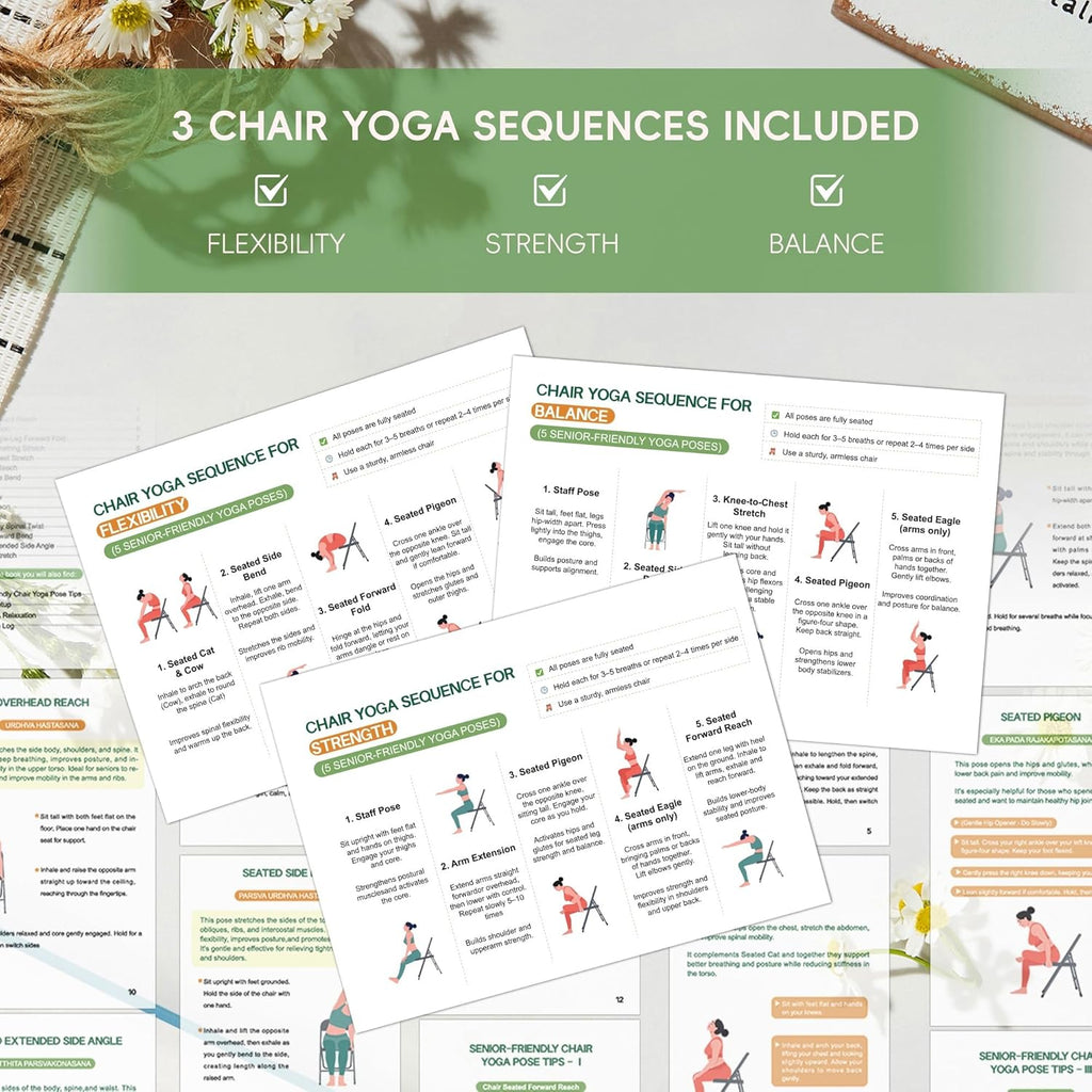 Chair Yoga for Seniors over 60 Book & Chart – 30-Day Challenge, Gentle Seated Yoga Guide, Chair Yoga for Weight Loss & Flexibility, Senior Chair Exercises for Women & Men, 8.5X11" Book on Chair Yoga