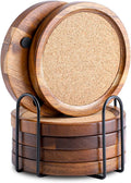 Wood Cork Coasters for Drinks Absorbent with Holder,  Acacia Wood Coaster Sets Rustic Farmhouse for Coffee Table Dining Table Wooden Table Coasters for Desk, Set of 6 4.33In