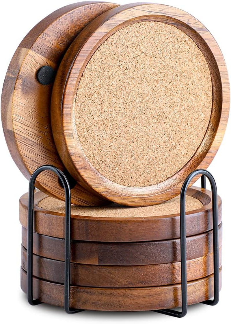 Wood Cork Coasters for Drinks Absorbent with Holder,  Acacia Wood Coaster Sets Rustic Farmhouse for Coffee Table Dining Table Wooden Table Coasters for Desk, Set of 6 4.33In