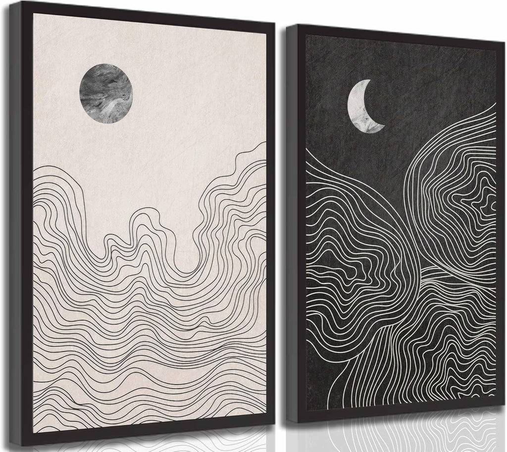 2 Pcs Modern Minimalist Boho Canvas Wall Art Neutral Black and White Abstract Sun and Moon Lines Paintings Pictures Wall Decor Poster Print Artwork for Living Room Bedroom Home Decoration Unframed