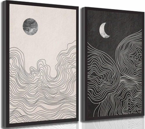 2 Pcs Modern Minimalist Boho Canvas Wall Art Neutral Black and White Abstract Sun and Moon Lines Paintings Pictures Wall Decor Poster Print Artwork for Living Room Bedroom Home Decoration Unframed