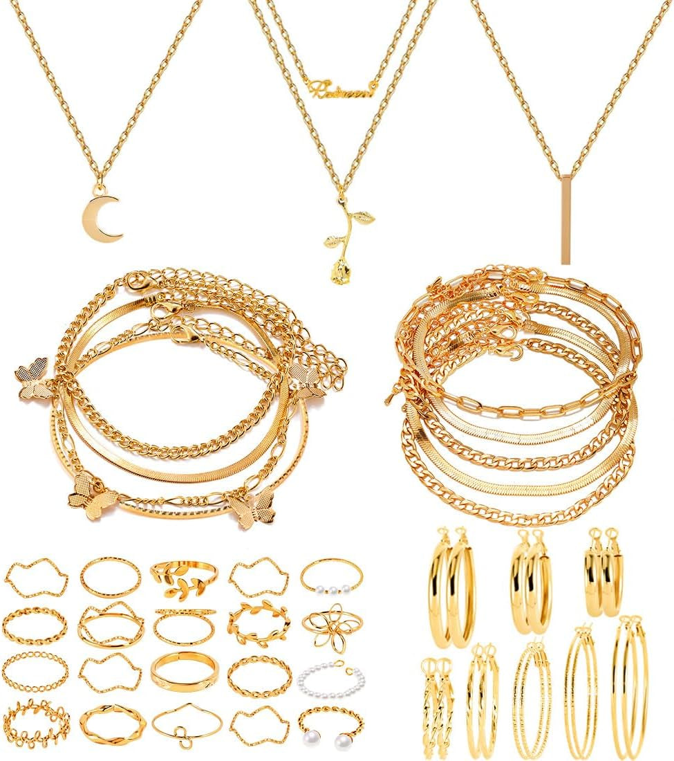 Golden Jewelry Sets for Women Fashion Costume Jewelry Includ Necklace Bracelet Rings Earrings Set