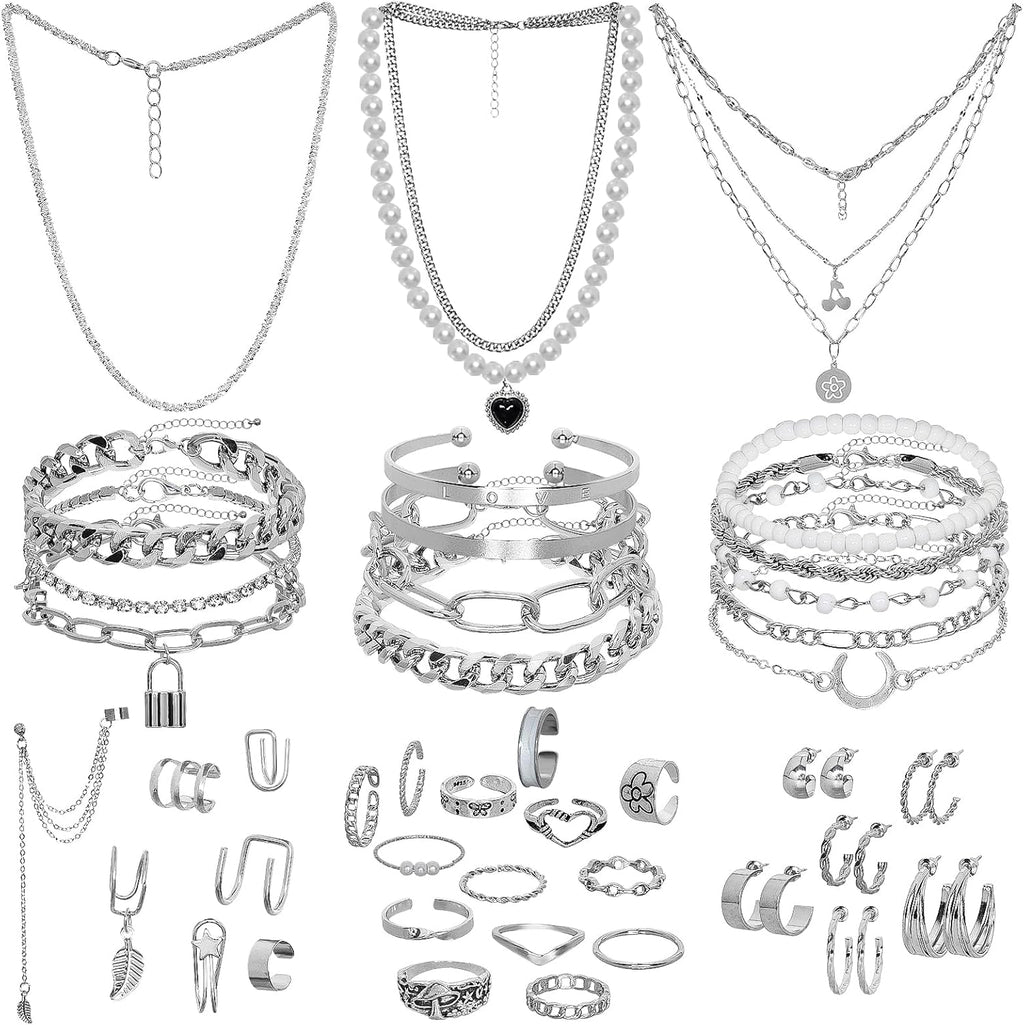 34 Pcs Silver Jewelry Set for Women Layered Bracelets Ball Dangle Hoop Earrings Stackable Knuckle Rings Set Dainty Adjustable Necklaces Valentine Anniversary Trendy Party Costume Accessories Jewelry