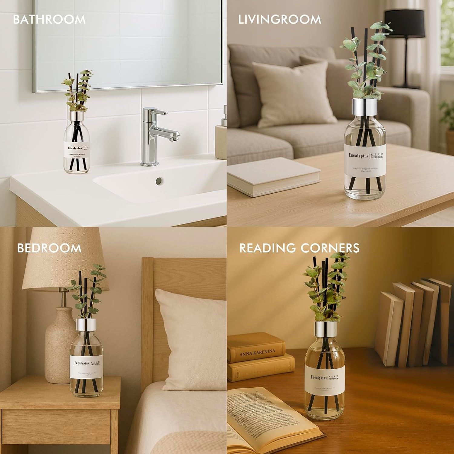Reed Diffuser Set, 6.7 Oz Eucalyptus Scented Diffuser with Sticks, Home Fragrance Reed Diffuser for Bathroom Shelf Decor