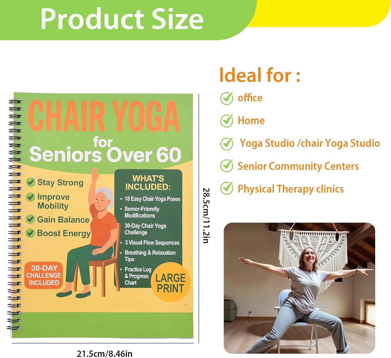 Chair Yoga for Seniors over 60 Book & Chart, Gentle Seated Chair Yoga Guide, 30-Day Challenge for Flexibility & Balance, A4 Size Easy to Follow Chair Yoga Routine for Older Adults