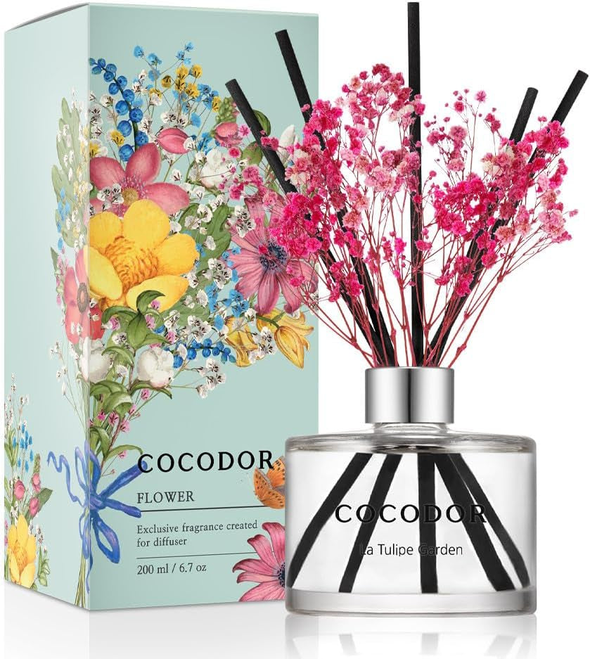 COCODOR Flower Reed Diffuser Set / 6.7Oz / White Jasmine/Scent Diffuser with Sticks Home Fragrance Reed Diffuser for Bathroom Shelf Decor