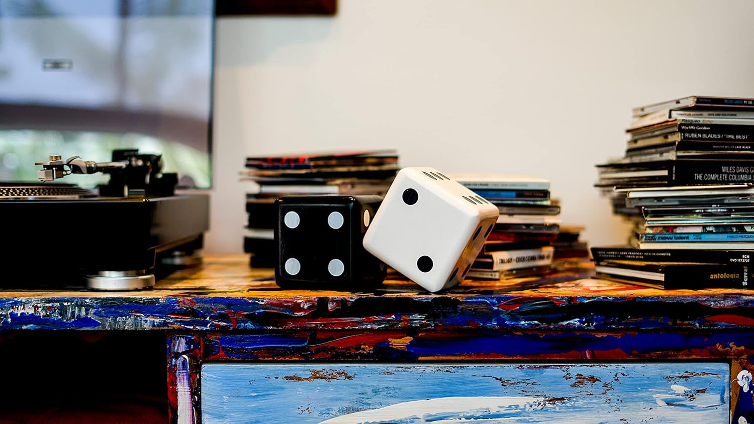 Jumbo Dice Decor, Set of 2, Natural Wood Decorations with Black and White Colors, Trendy Home Interior Centerpieces for Tables, Mantles, and Shelves