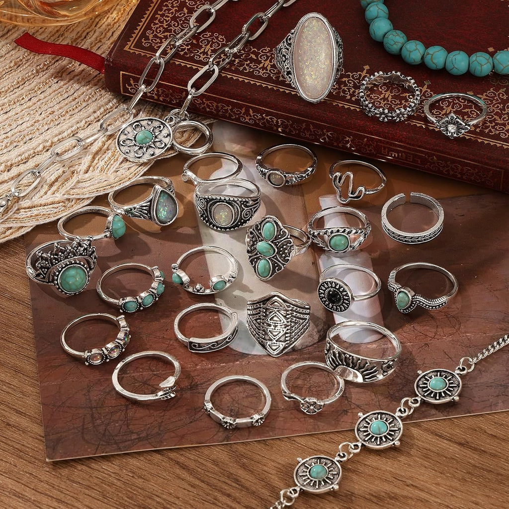 Bohemian Jewelry Set with Turquoise Necklace, Dangle Earrings, Stackable Bangle Bracelets, Knuckle Rings for Women Vintage Western Boho Turquoise Anniversary Birthday Friendship Gift
