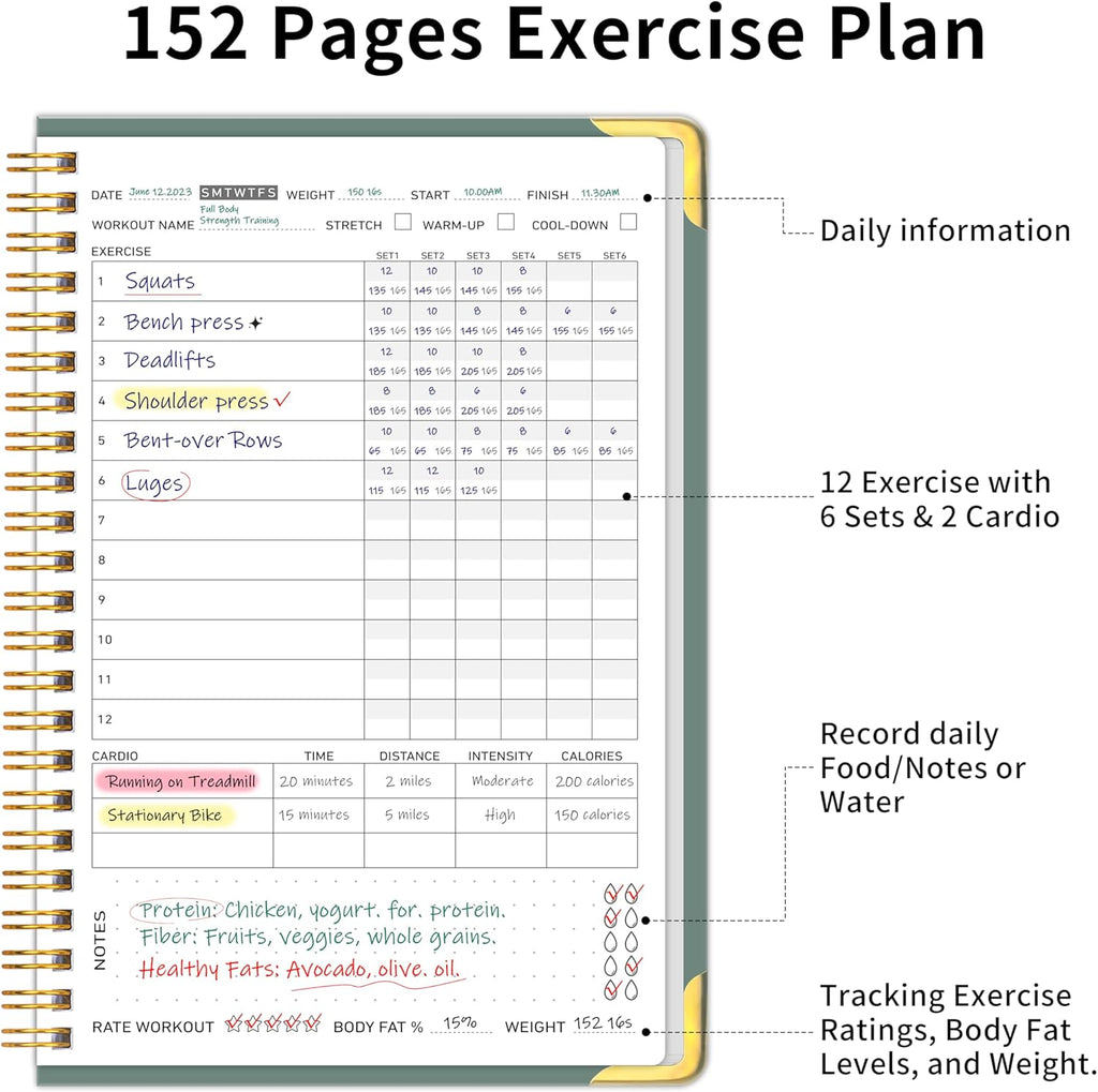 Fitness Workout Planner for Women & Men, A5(5.7" X 8.2") Workout Log Planner for Track Gym ＆ Home Workouts, Track Progress, Achieve Your Wellness Goals - Green
