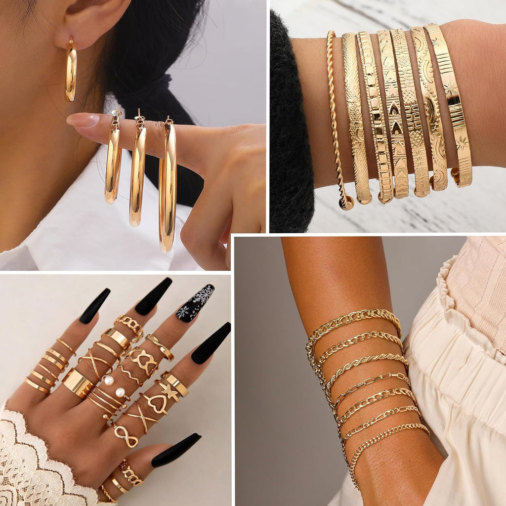 93 Pcs Golden Jewelry Set for Women Costume Jewelry Pack Golden Plated Necklace Bracelet Stackable Ring Earrings Jewelry for Christmas New Year