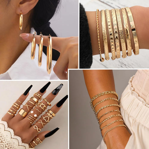 93 Pcs Golden Jewelry Set for Women Costume Jewelry Pack Golden Plated Necklace Bracelet Stackable Ring Earrings Jewelry for Christmas New Year
