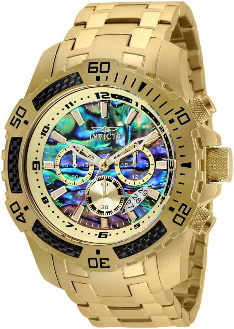 Men'S Pro Diver Scuba Quartz Chronograph Carbon Fiber Bezel Abalone Dial Bracelet Watch, 50Mm