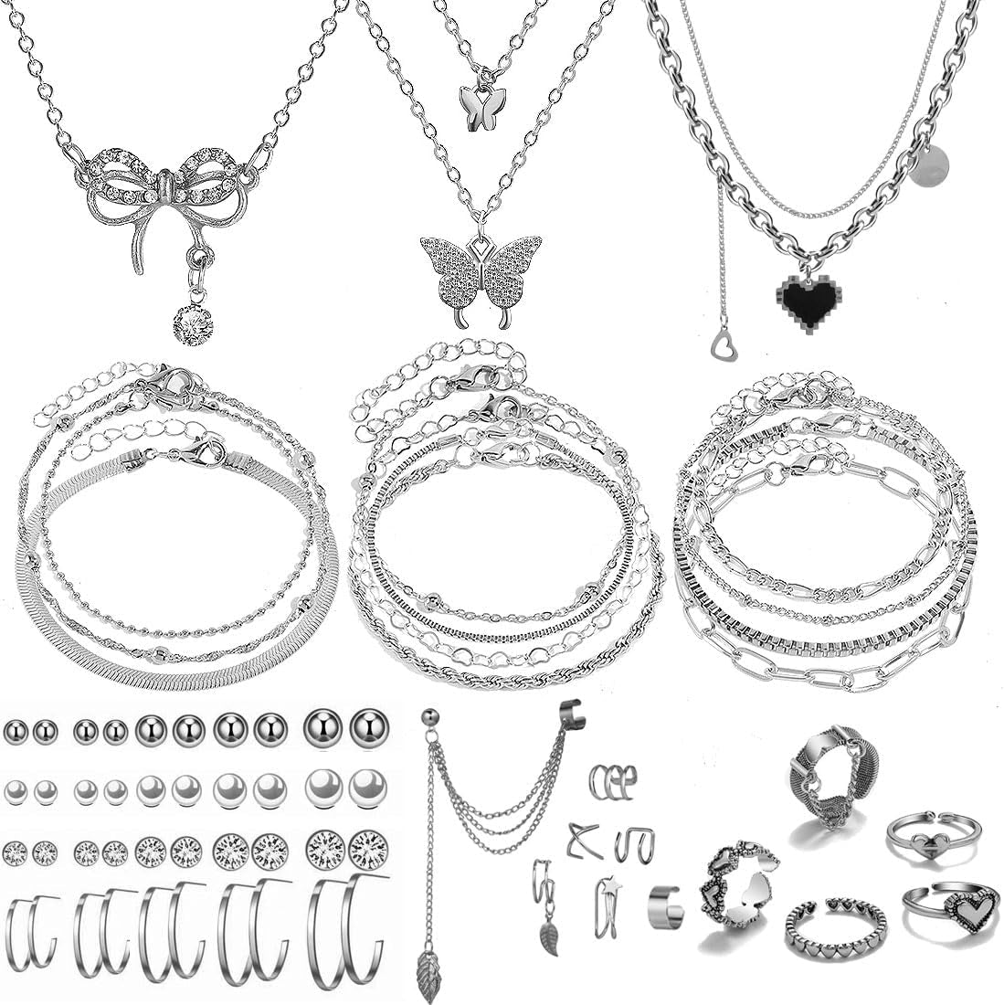 47Pcs Gold Jewelry Set with 3 PCS Necklace, 11 PCS Bracelet,20Pcs Hoop Stud Earrings,7Pcs Rings Set for Women for Birthday Gifts