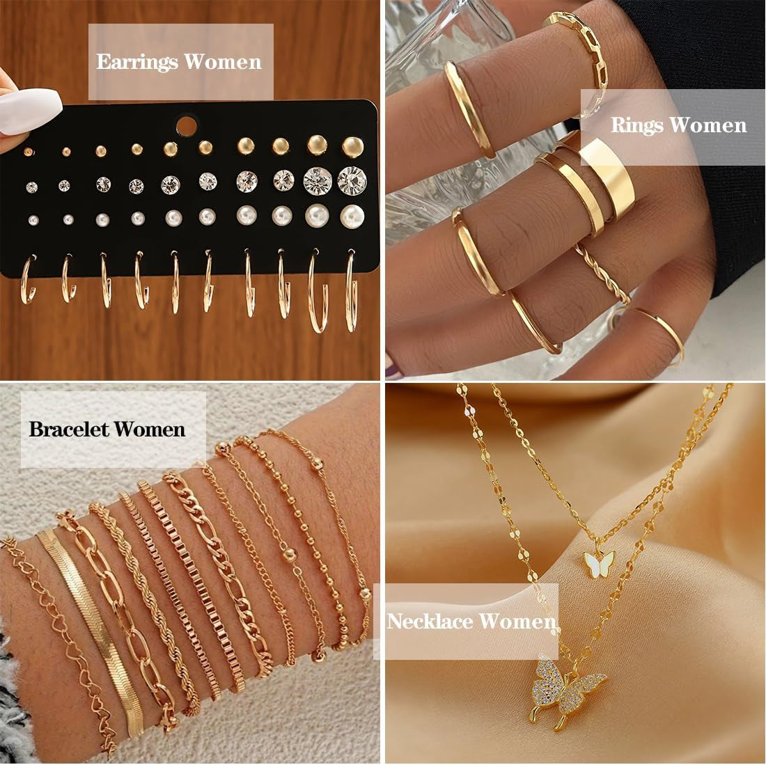 47Pcs Gold Jewelry Set with 3 PCS Necklace, 11 PCS Bracelet,20Pcs Hoop Stud Earrings,7Pcs Rings Set for Women for Birthday Gifts