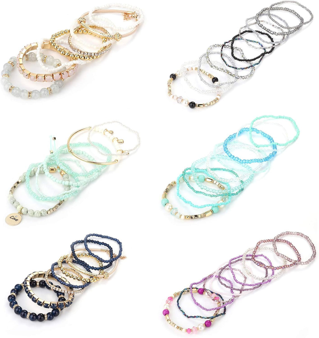 6 Sets Bohemian Stackable Bead Bracelets for Women Stretch Bohemian Style Stretch Multilayered Boho Bracelet Set