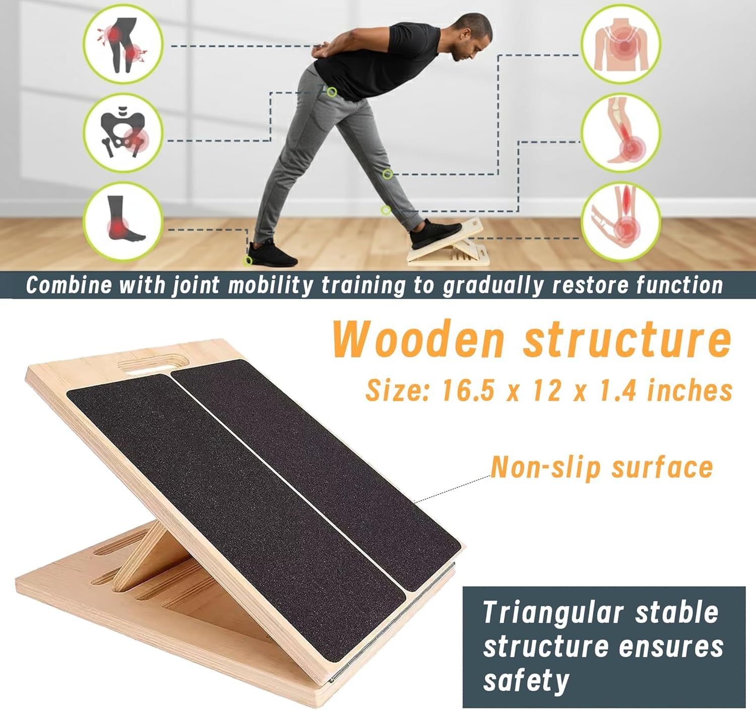 Adjustable 16.5"×12" Wooden Slant Board – 5-Angle Foldable Calf Stretcher & Squat Wedge for Home-Gym, Portable Incline Board, 350 Lb Rated