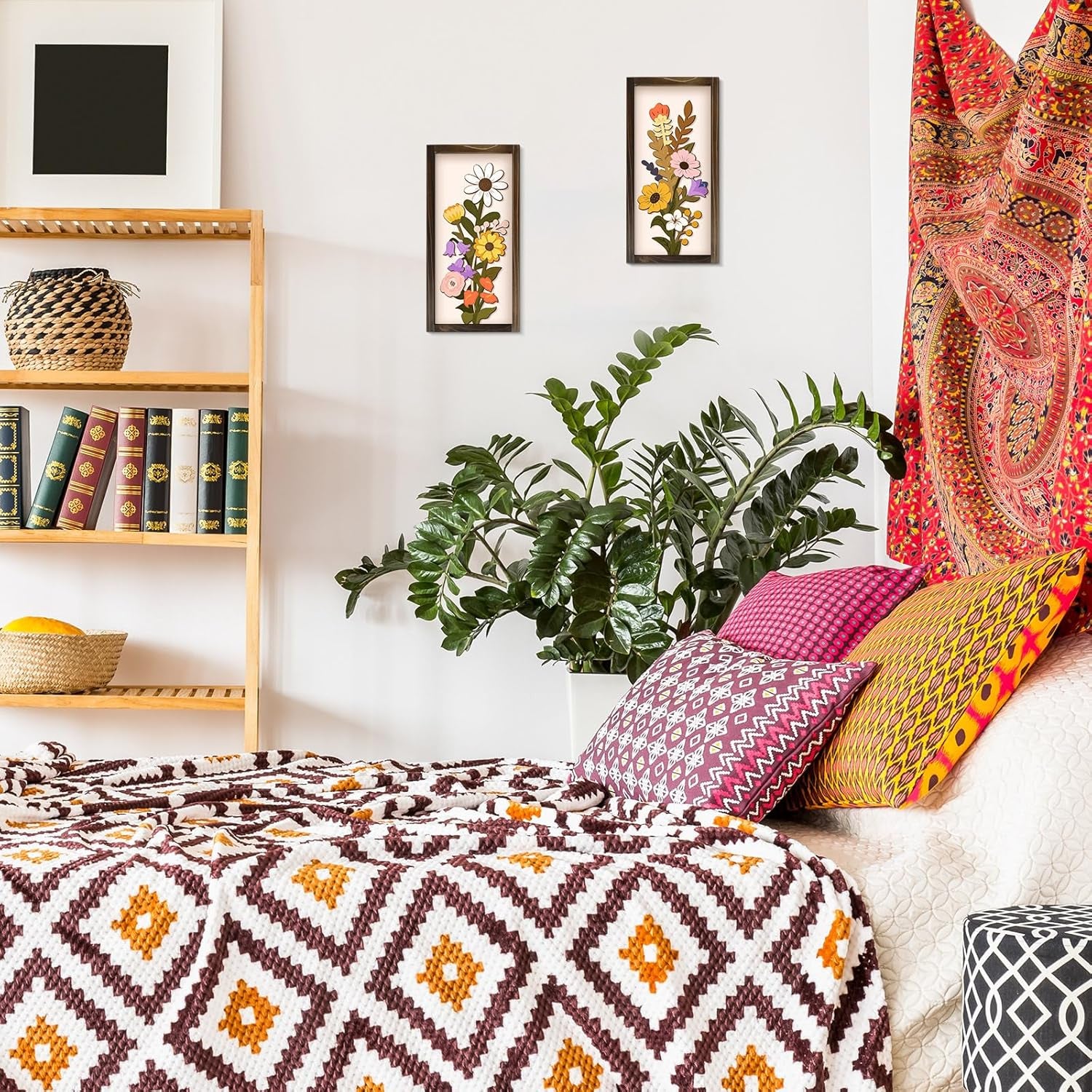 3D Floral Wall Art, 2 Set Rustic Wood Boho Flower with Vase Framed Wall Decor for Bathroom Living Room Bedroom Office Housewarming Gift, Ready to Hang Plaque Sculptures (White-A, 6L" X 12W", Framed)