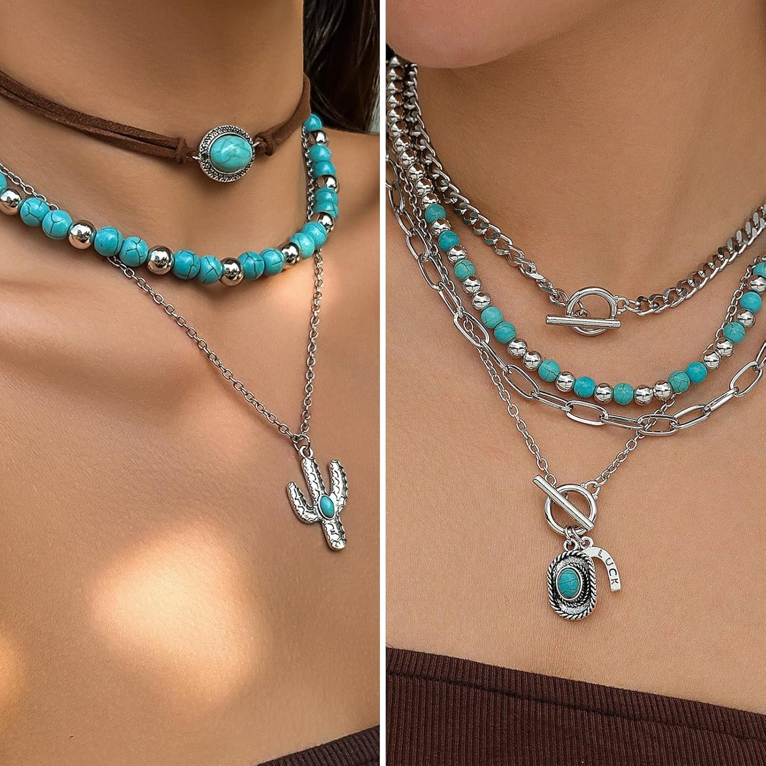 Bohemian Jewelry Set with Turquoise Necklace, Dangle Earrings, Stackable Bangle Bracelets, Knuckle Rings for Women Vintage Western Boho Turquoise Anniversary Birthday Friendship Gift