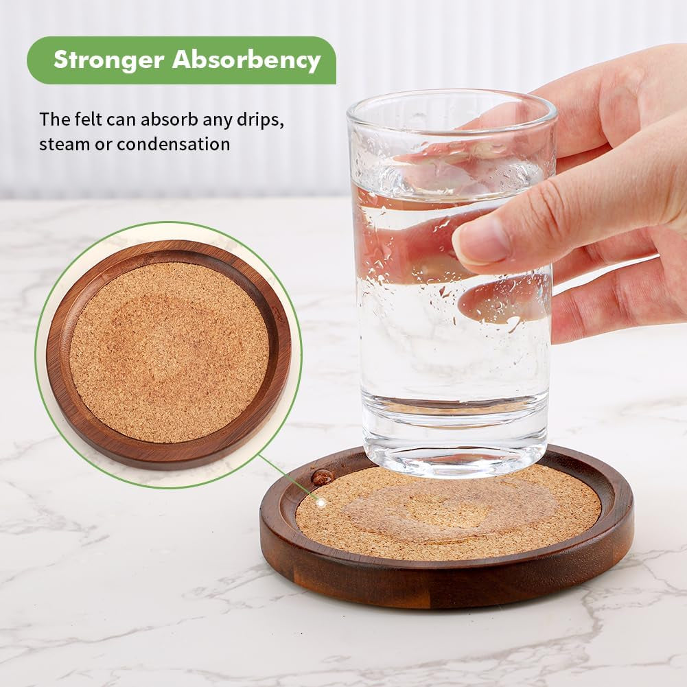Wood Cork Coasters for Drinks Absorbent with Holder,  Acacia Wood Coaster Sets Rustic Farmhouse for Coffee Table Dining Table Wooden Table Coasters for Desk, Set of 6 4.33In