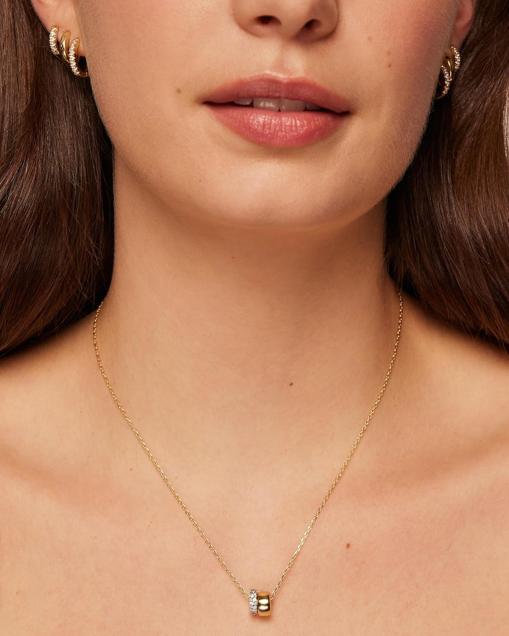 14K Gold Plated Pendant Necklace for Women | Two Distinct Rondelle Pendants with Cubic Zirconia | Sliding Chain Pendant | Trendy Fashion Jewelry