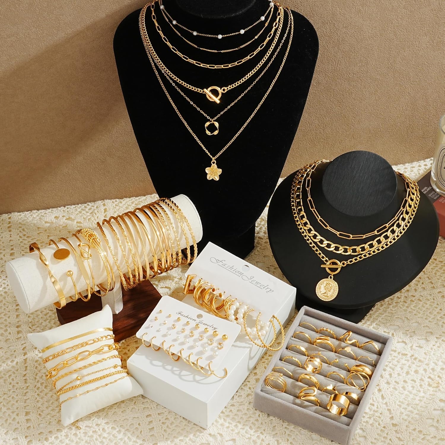 78 Pieces Gold Jewelry Set for Women, 9 Necklace, 24 Bracelet, 22 Earrings, 23 Knuckle Rings Gold Plated Jewerly Set for Women Gift