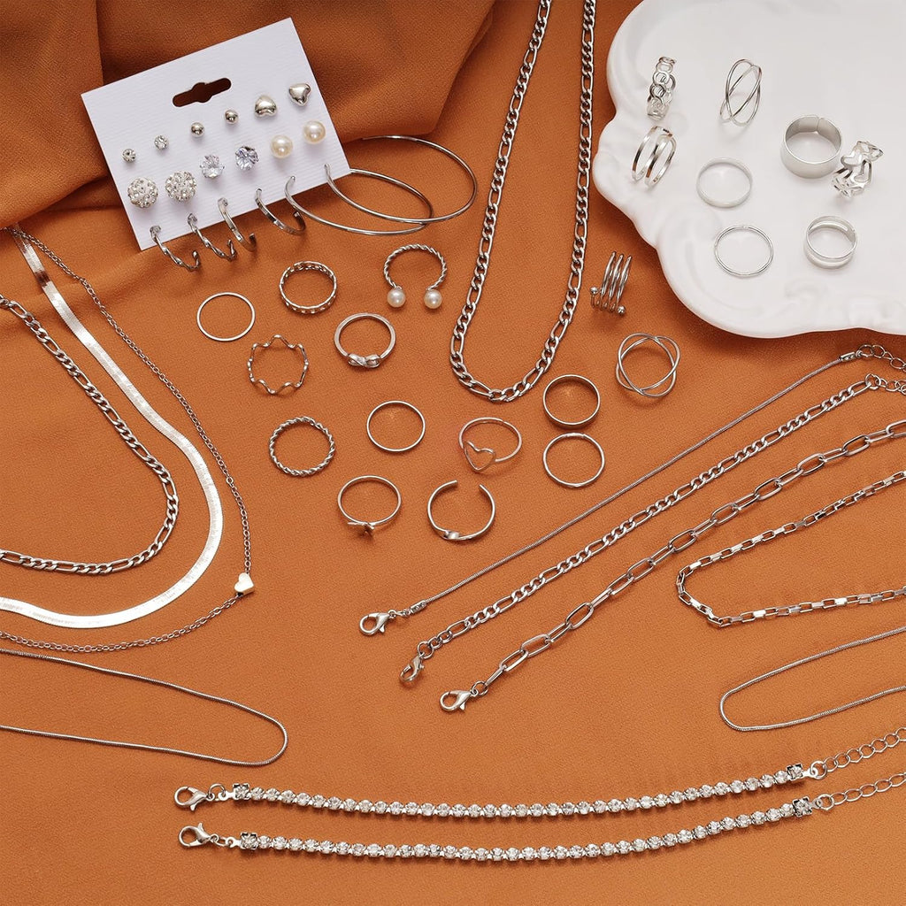 34 Pcs Silver Jewelry Set for Women Layered Bracelets Ball Dangle Hoop Earrings Stackable Knuckle Rings Set Dainty Adjustable Necklaces Valentine Anniversary Trendy Party Costume Accessories Jewelry